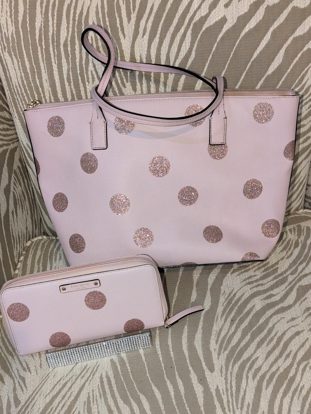 Kate Spade Pink Glitter Polka Dot Tote and Wallet Set